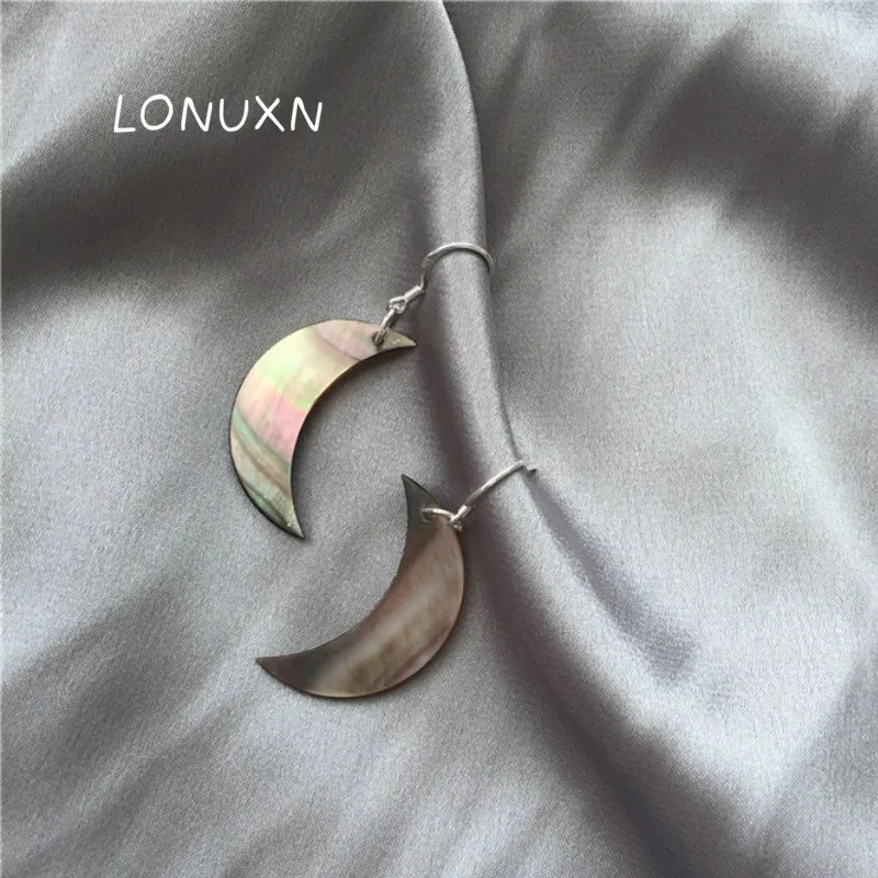 

1 Pair high quality natural Shell Lapis lazuli Rose Pink Quartz Opal Tiger's Eye Moon shape 925 Silver Hook Dangle Earrings