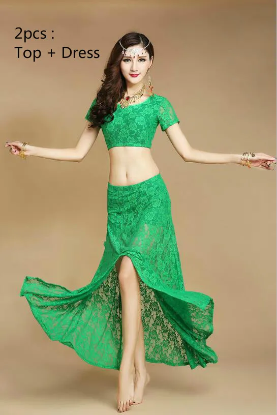 Дизайн многоцветный танец живота костюм комплект Кружево платье Dancer практика Костюмы для Для женщин Oriental Dancer Практика одежда - Цвет: 2pcs Green