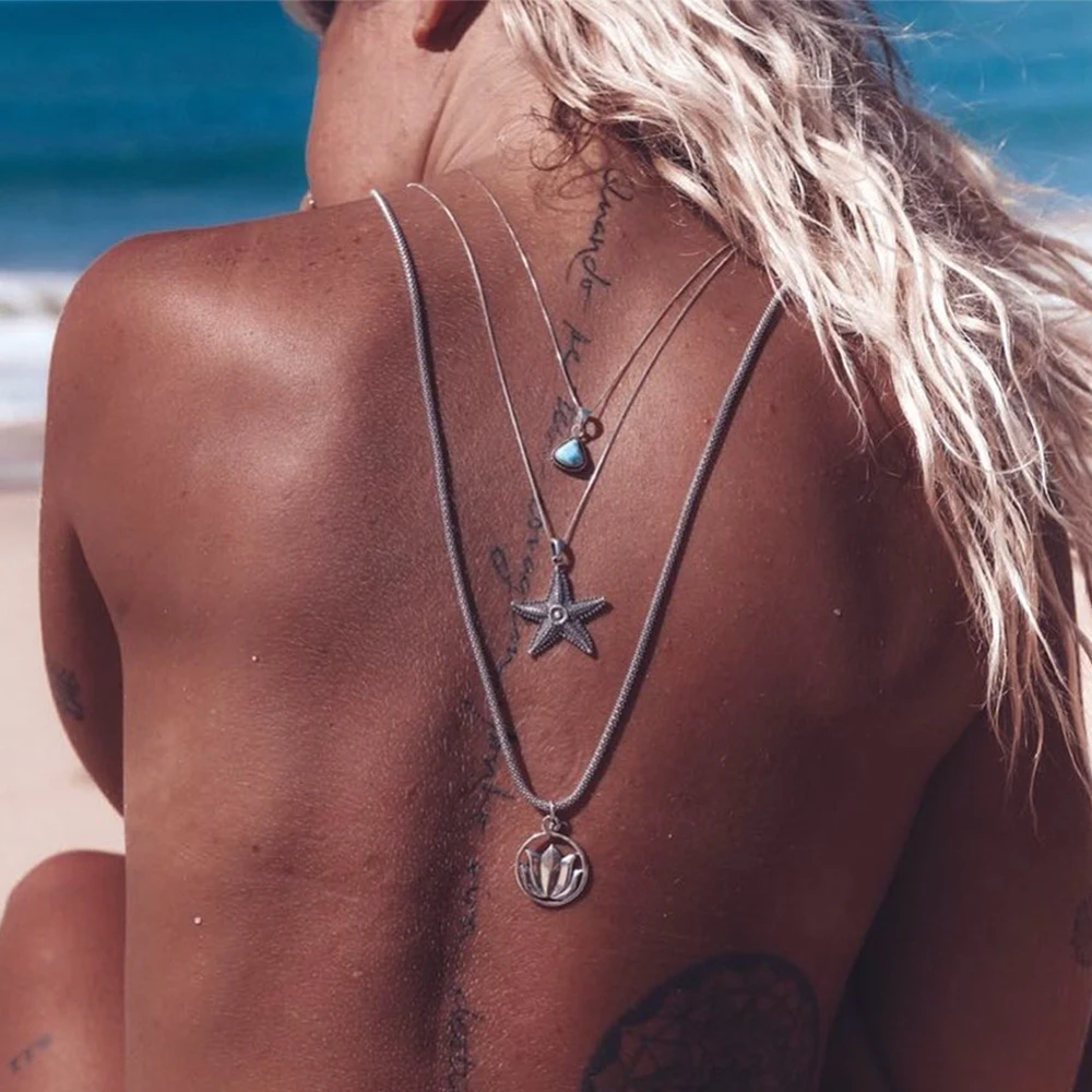 

Fashion Sexy Vintage Silver Starfish Multi-layer Clavicle Chain Back Chain Triangle Pendant Necklace Female Bohemian Jewelry