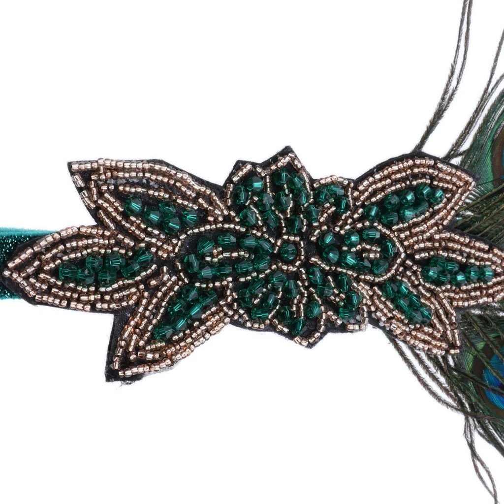 Женский винтажный головной убор из перьев павлина с зелеными бусинами, головная повязка с ревущими 20 s, головной убор 1920 s, нарядное платье, головной убор-чародей