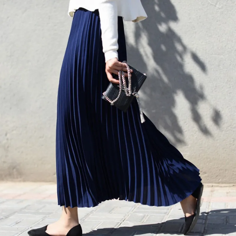 

Ten Colors Spring Long Pleated Skirts Womens Elastic High Waist A-line Skirt Casual Korean Loose Skirts Woman Fashion 2019