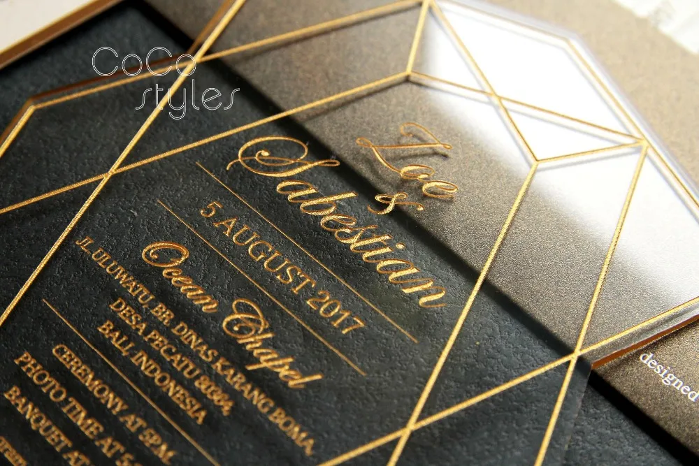  Cocostyles custom modern die cut geometric engraving acrylic invitation card with gold foiling enve - 32860416610