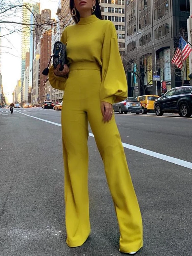 2019 Для женщин Элегантная мода Slim Fit Желтый однотонные обтягивающие Повседневное комбинезоны Office работы Фонари Sleeve Mock Neck комбинезоны