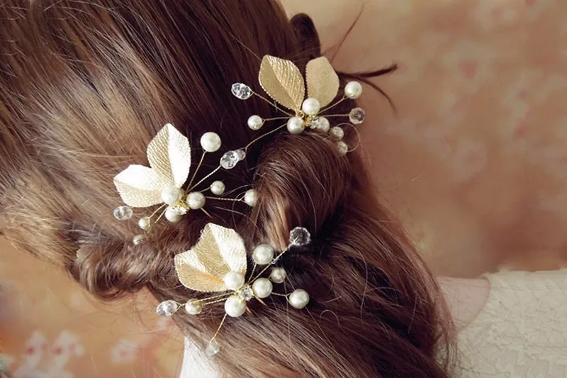 Заколки для волос, Украшенные бусинами и растениями, заколки в виде золотых и серебряных листьев, Свадебные Заколки, заколки с жемчугом для невесты, аксессуары для волос для невесты