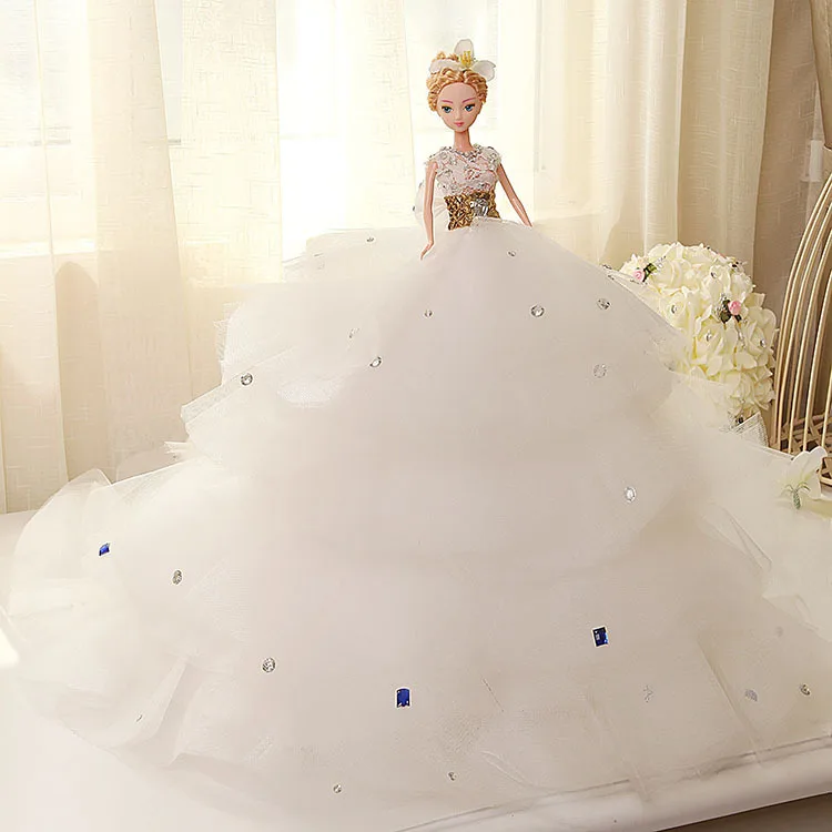 

42cm Doll + Wedding Dress /100% Handmade White Dream Luxury Crystal Bride Wedding Doll Big Trailing Gown For Kurhn Barbie Doll