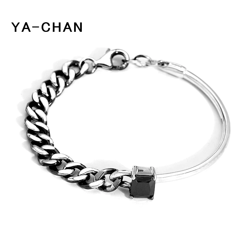 

YA-CHAN Real 925 Sterling Silver Big Link Chain Bracelets & Bangles Black Stone Pendant Charm Bracelets Fine Jewelry For Women