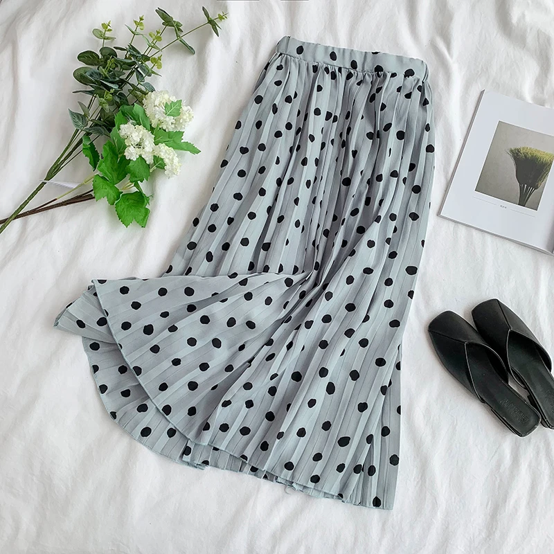 

Summer Retro Long Skirt Women Casual Polka Dot High Waist Black Gray Green Wrap Shiffon Small Fresh Pleated Midi Skirt Ladies