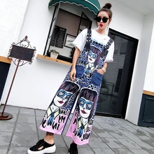 Европейская станция мультфильм тайская уличная мода Граффити Печать деним Свободный Цельный Повседневный нагрудник женский летний