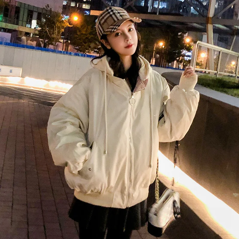 Women Reversible Down Jacket Hooded Solid Loose Casual Cotton Coats Korean Simple Boyfriend Parka | Женская одежда