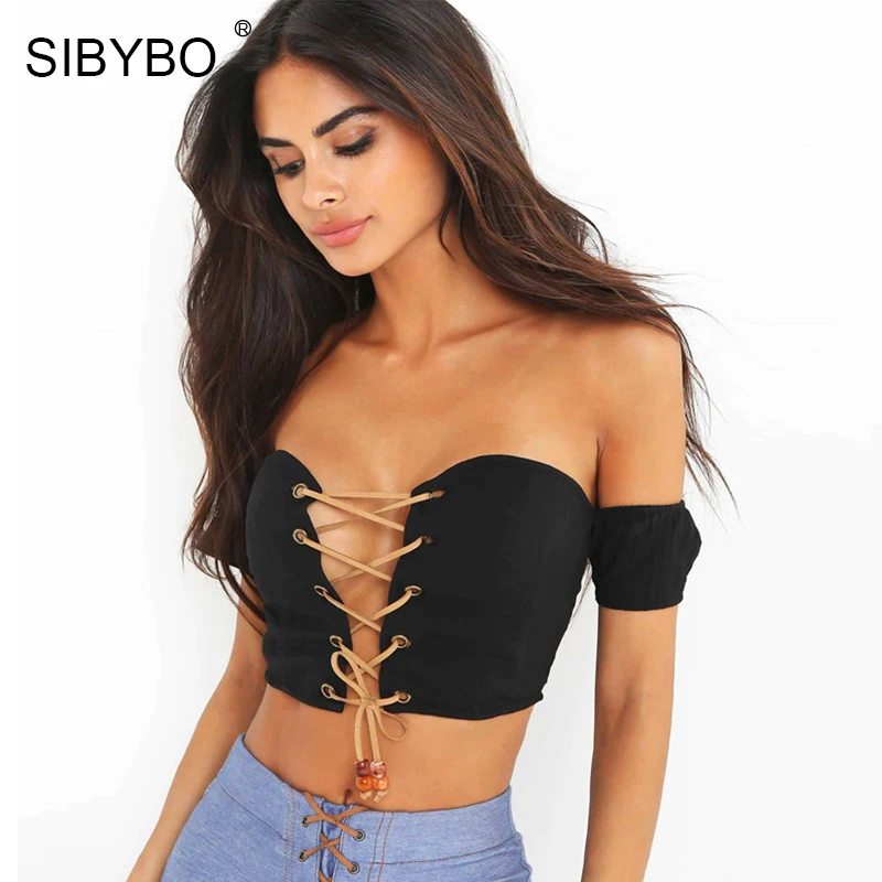 Sibybo Women Off Shoulder Tank Top 2017 Summer V Neck Short Mini White