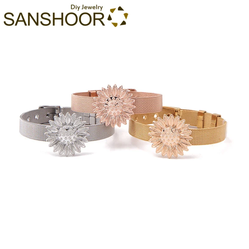 

SANSHOOR Customized Large Sunflower Keeper Bracelet Set With 21cm Stainless Steel Mesh Armband For Women Christmas Gifts 1Set