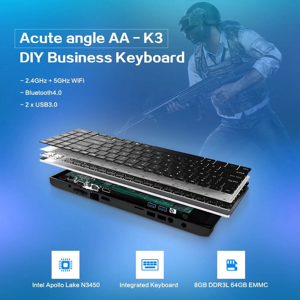 

Acute angle AA-K3 DIY Business Keyboard Mini PC Intel Apollo Lake Celeron N3450 8GB 64GB 2.4+5GHz WiFi BT4.0 Windows 10 M.2 SSD