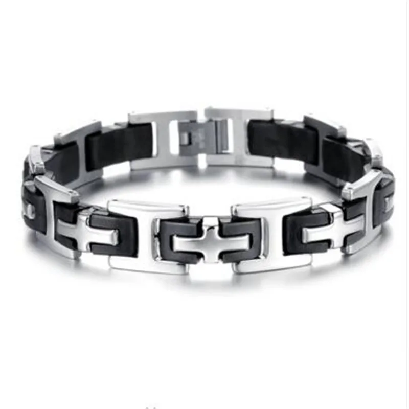 

Men's Black Cross Silver Stainless Steel Silicone Bracelet Cuff Bangle Chain Wristband Jewelry