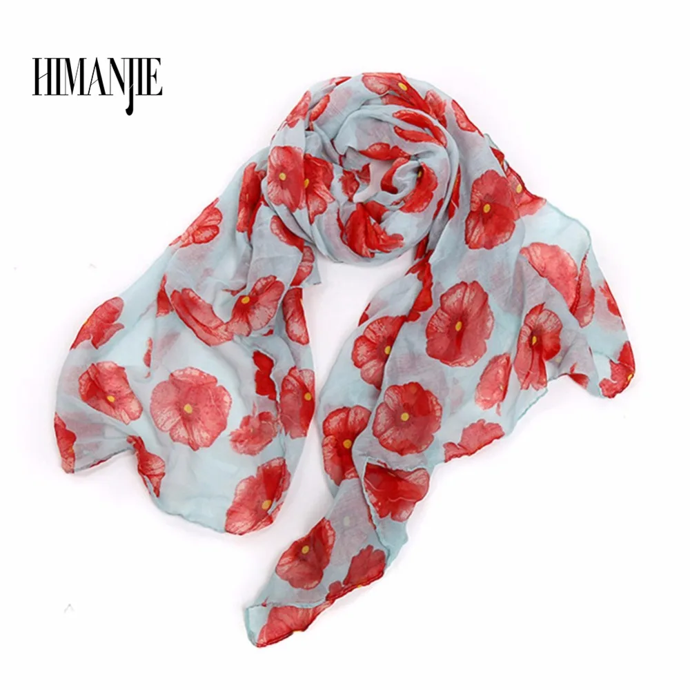 Cheap Newly Design Fashion Red Poppy Scarf Print Long Scarves Flower