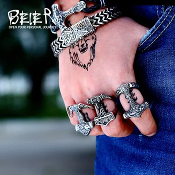 

Beier 316L Stainless Steel Nose viking for men scandinavian Odin thor's hammer mjolnir Runic Amulet Ring fasion jewelry LR567