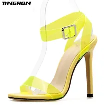 TINGHON Women Fashion PVC Ankle Strap Transparent Thick Heel Sandals Ladies Summer Candy Color High Heel Sandals Dress Shoes TINGHON Women Fashion PVC Ankle Strap Transparent Thick Heel Sandals Ladies Summer Candy Color High Heel Sandals Dress Shoes