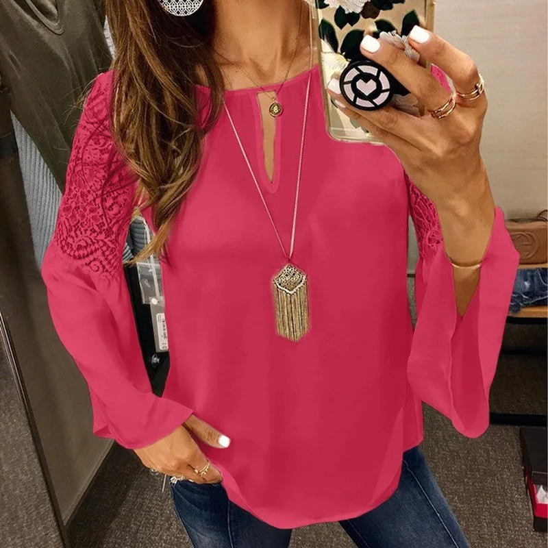 5XL Women Blouses Chiffon Lace Patchwork Flare Sleeve Blusas Work Shirts Womens White Blouse Plus Size Female Autumn Tops 4XL 5XL Women Blouses Chiffon Lace Patchwork Flare Sleeve Blusas Work Shirts Womens White Blouse Plus Size Female Autumn Tops 4XL