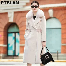Ptslan 2017 Sheep fur coat women in the long section Fox Fur Collar Sheep Fur Coats