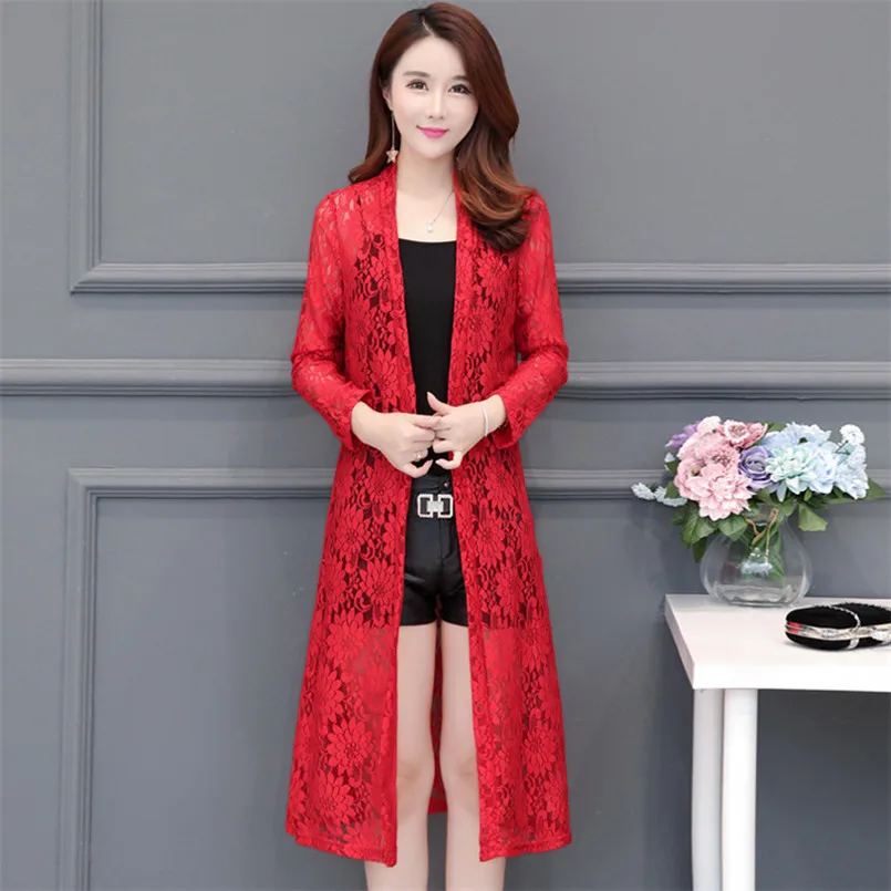 

Slim Ladies Summer Lace Hollow Blouse & Shirt Full Sleeves Solid Colors Long Kimono Cardigan Casual Lace Top Beach Cover Up