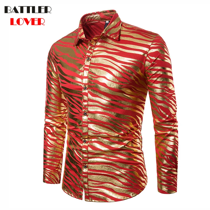 

Gold Print Shirt Men Autumn Camisa Masculina Slim Fit Shirt Men Casual Shirts Camisas Hombre Cotton Dress Shirts Streetwear 2018