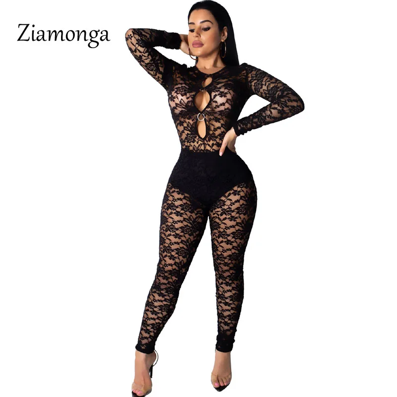 Ziamonga Sexy Sheer Черный комбинезон с кружевом Для женщин See Through длинным рукавом Детские длинные комбинезоны комбинезон для вечеринки женские наряды - Цвет: Black