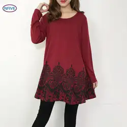 NFIVE бренд 2018 женщина печать хлопок футболки Новая мода осень Европейский с длинными рукавами рубашка с круглым воротником большой размер