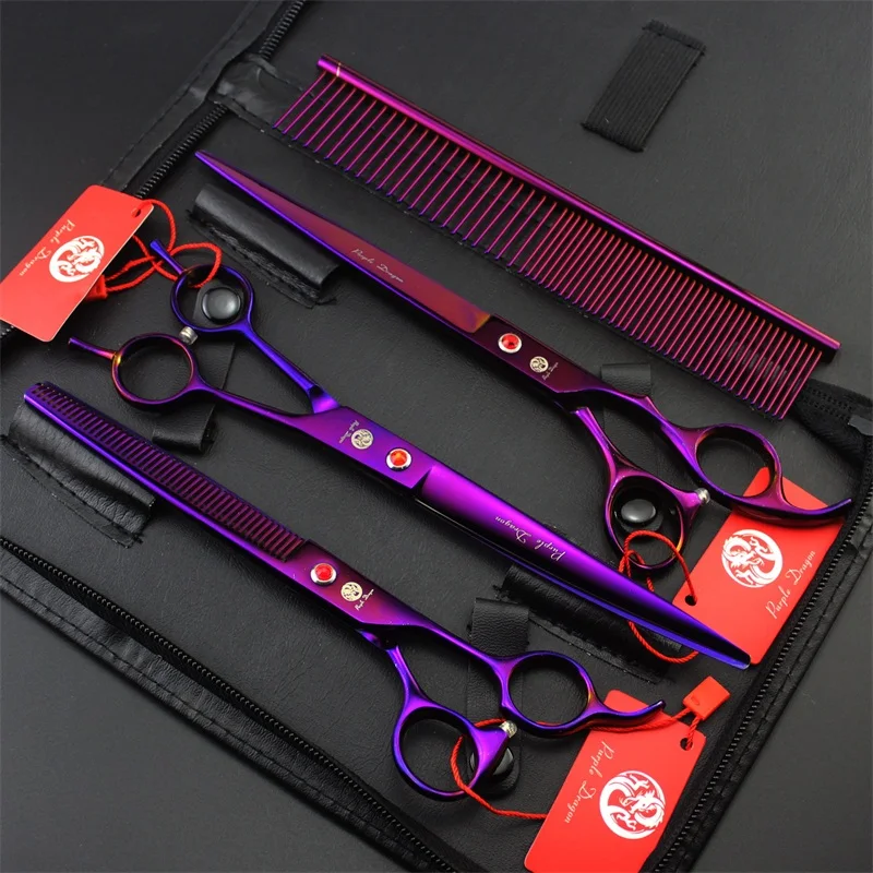 Purple dragon 8.0 inch Professional dog grooming scissors Straight & Curved & Thinning Shears Sharp Edge Animals Hair Cutting (10)