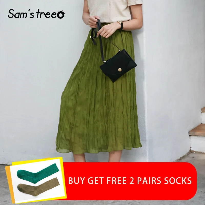 

Sams Tree Women Summer Pleated Skirts Loose Vintage Ladies Elastic Waist Bottoms Ankle-Length A-Line Female Green Long Skirt