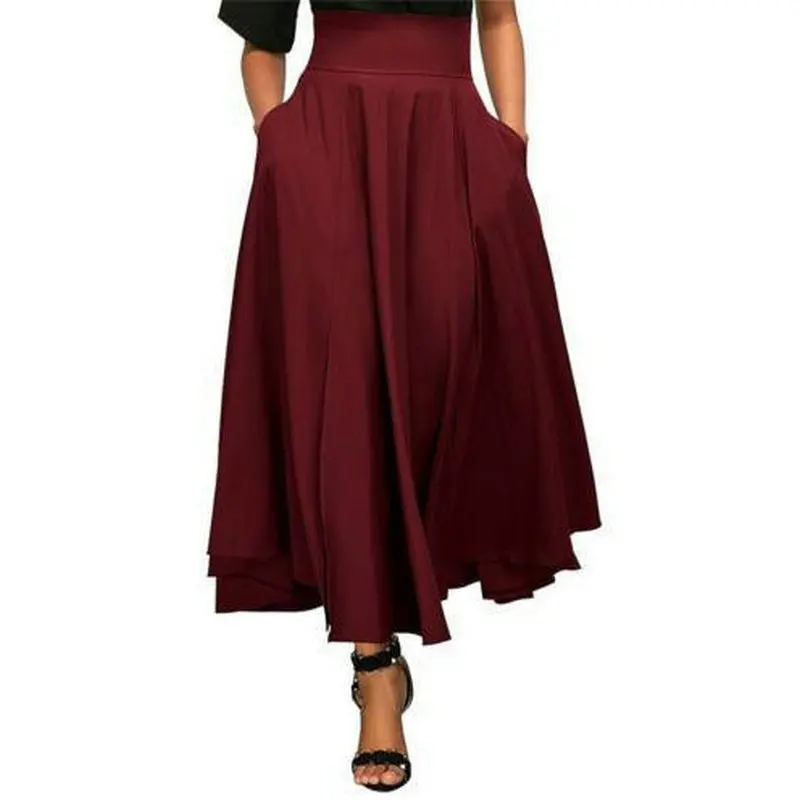 ZOGAA, черные длинные юбки с высокой талией и карманом, высокое качество, одноцветные винтажные юбки длиной до щиколотки, женские длинные плиссированные юбки с бантом