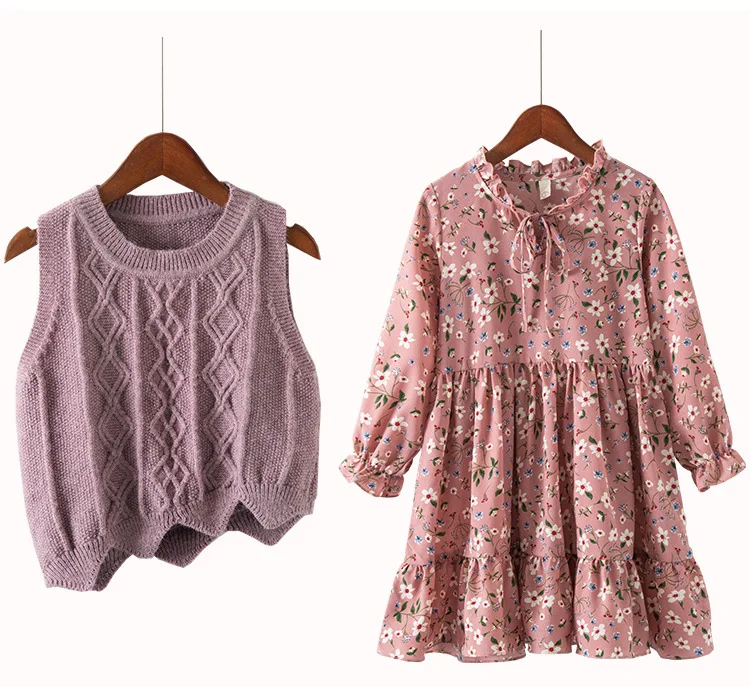 Новые осенние платья для девочек, Детский комплект из 2 предметов, Детский свитер с длинными рукавами, жилет и шифоновое платье с цветочным рисунком, детский набор одежды,#3236