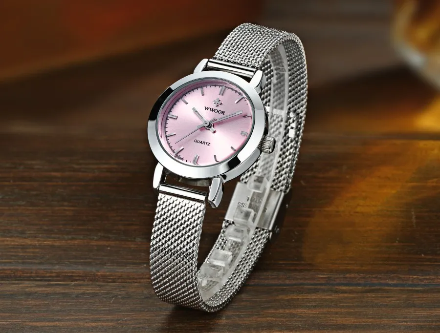 Роскошный бренд WWOOR ультра тонкие модные женские кварцевые часы с сетчатым ремешком из нержавеющей стали женские повседневные наручные часы