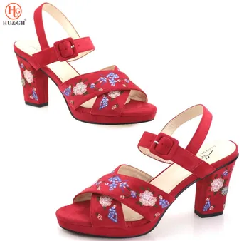 

African Red Color Party High Heels Women Sandals Sexy Braided Foot Ring Ankle Strap Rome Open Toe Shoes Thick Block Heel Italian