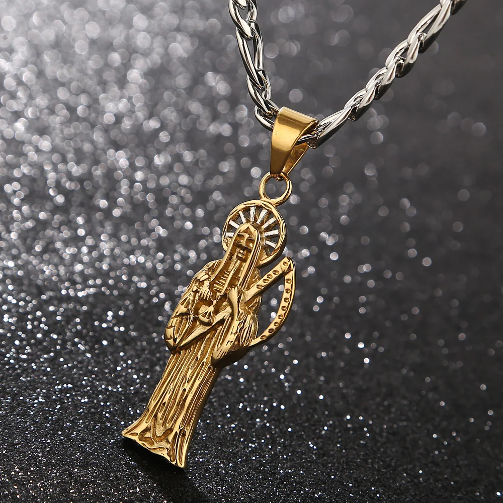 

Hot Stainless Steel Saint Death Santa Muerte Skull Biker Pendant Necklace Figaro 24" Chains Necklace DIY Jewelry making
