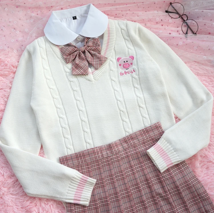 Kawaii Cute Piggy Embroidery Sweater Japanese Korea Preppy Style School JK Uniform Women's V-Neck Long Sleeve Knitted Sweater