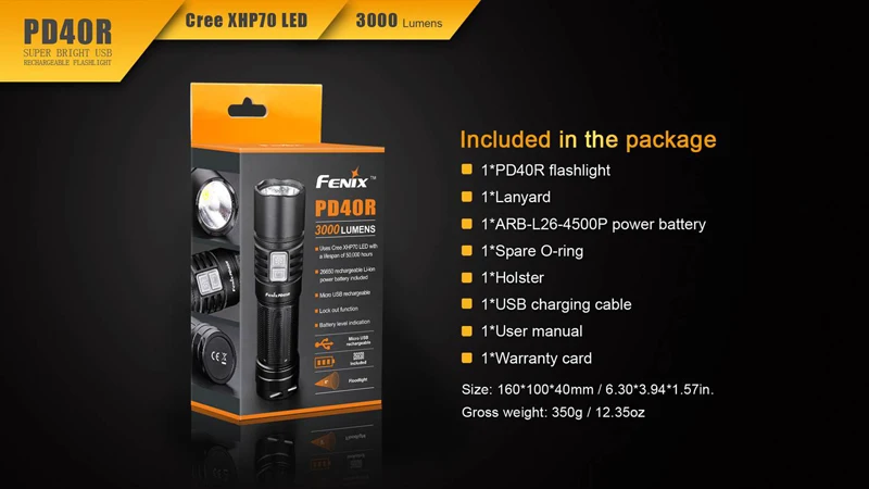 3000 люмен Fenix PD40R Cree XHP 70 светодиодный супер яркий USB Перезаряжаемый фонарик с 4500 mAh 26650 батареей