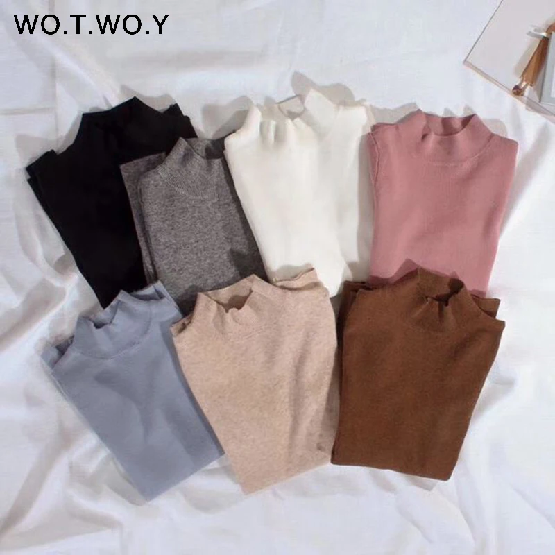 WOTWOY 2018 الكشمير محبوك النساء سترة بلوفرات المدورة الخريف الشتاء الأساسية النساء البلوزات الكورية نمط بدلة سوداء ضيقة من الخصر