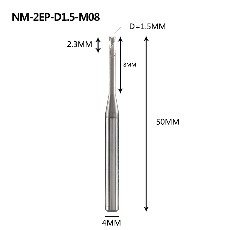 NM-2EP Вольфрамовая сталь 2 Флейта квадратная длинная шея с покрытием Концевая фреза Фрезерный резак режущие инструменты для меди и алюминиевого сплава - Длина режущей кромки: NM-2EP-D1.5-M08