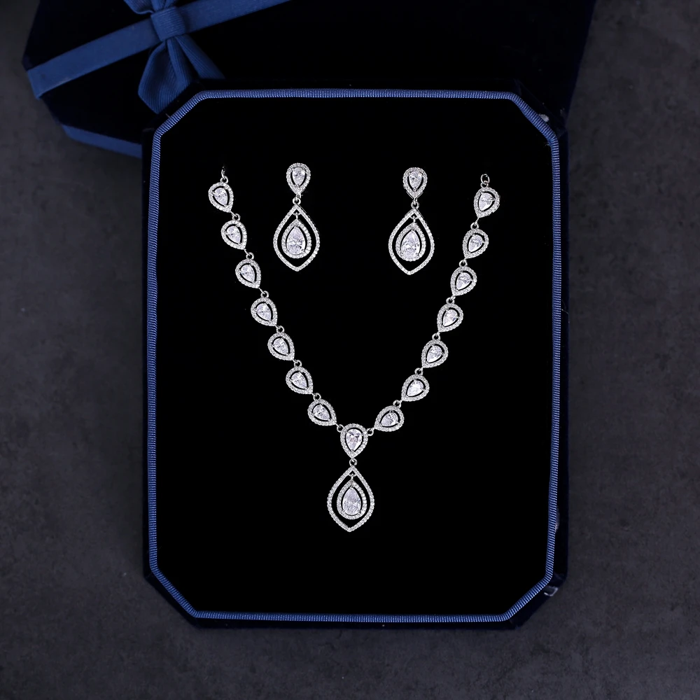 

Vintage Jewelry Set Cubic Zirconia Necklace Pendant Pear Cut Zircon CZ Stone Dangle Earrings Jewellery Bridal Wedding Party Gift