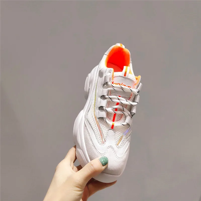 Women's Genuine Leather Thick-soled Mesh Lace Sneakers Spring Autumn New Fashion Comfortable Soft Breathable Casual White Shoes