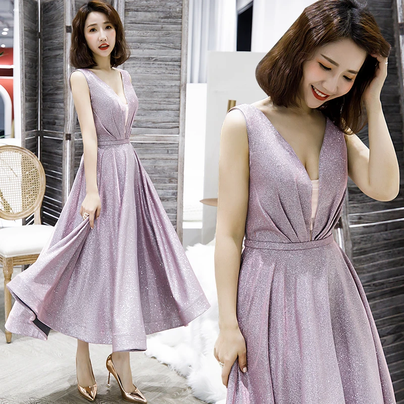 

New Vestido De Festa Sweet Tea Length Evening Dress Bride Party sleevesless sequins Prom Dresses