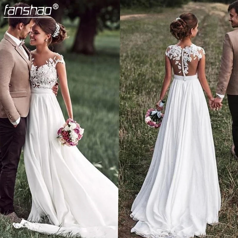 

2019 Sweetheart Beach Wedding Dress Lace Appliques Bride Dress New Cap-Sleeves Slit Side Buttons White/Ivory Wedding Dresses