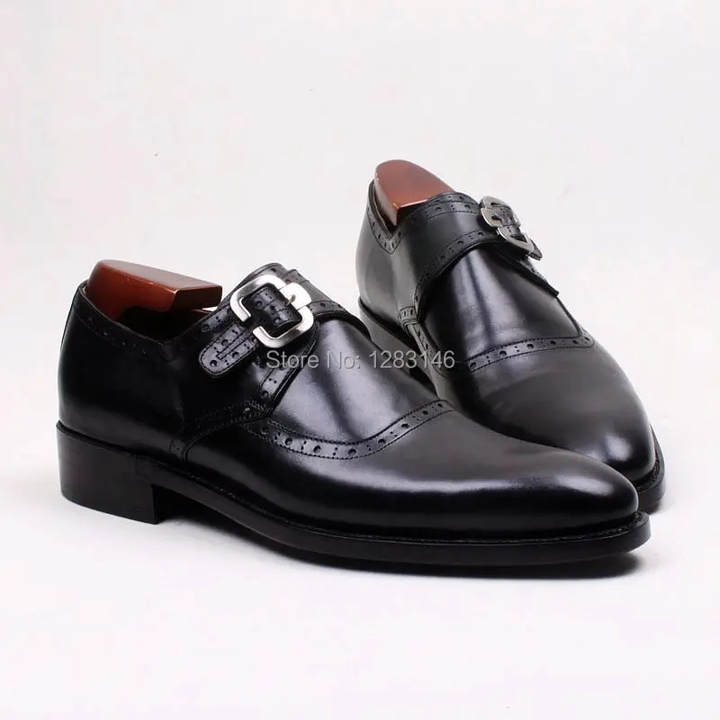 

Free Shipping Handmade Leather Upper/outsole/Insole Black Color Single Monk Straps Goodyear Round toe Men's Flats Shoe No.MS111