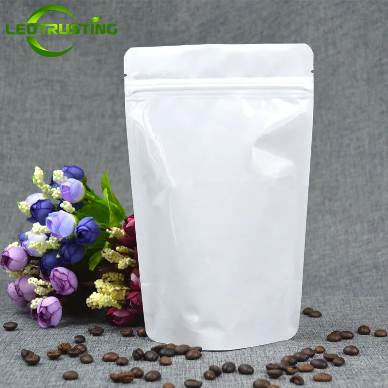 Leotrusting 50 قطع الوقوف لامعة الأبيض حقائب ورق ألومنيوم مزودة بسحاب حقيبة دوق-باي حبوب البن التعبئة والتغليف حقيبة الأبيض احباط تخزين أكياس