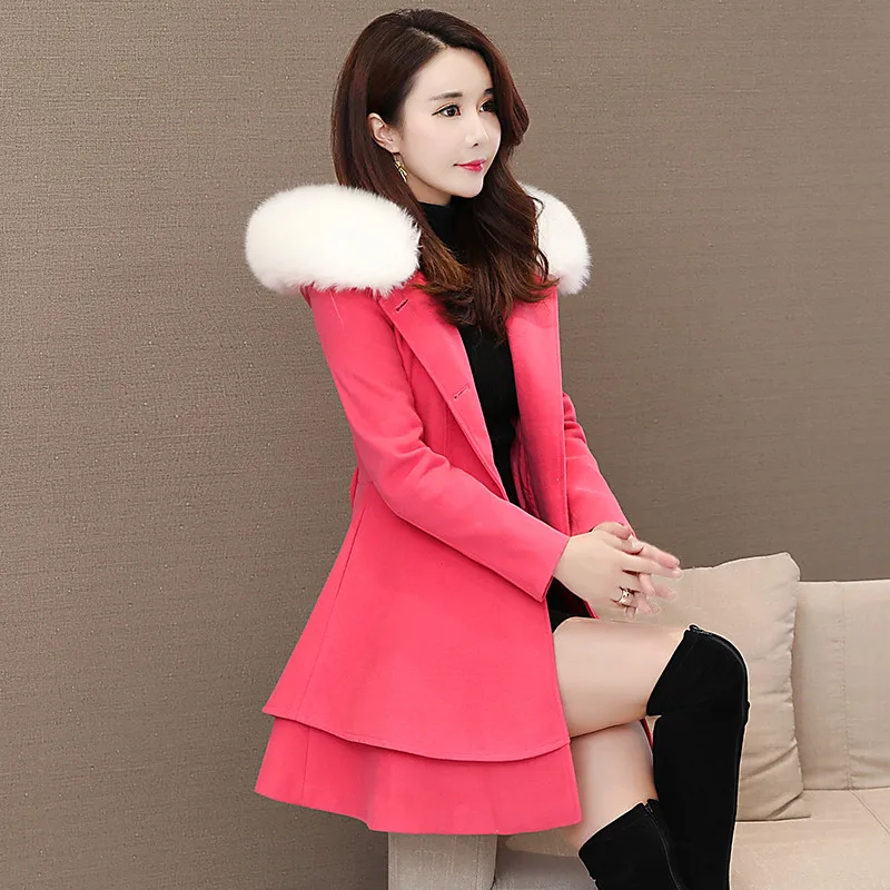 Зимнее женское шерстяное пальто, верхняя одежда с большим меховым воротником и оборками, женская повседневная куртка, длинный милый плащ, Тренч, пальто, пальто, X19 - Цвет: rose  red