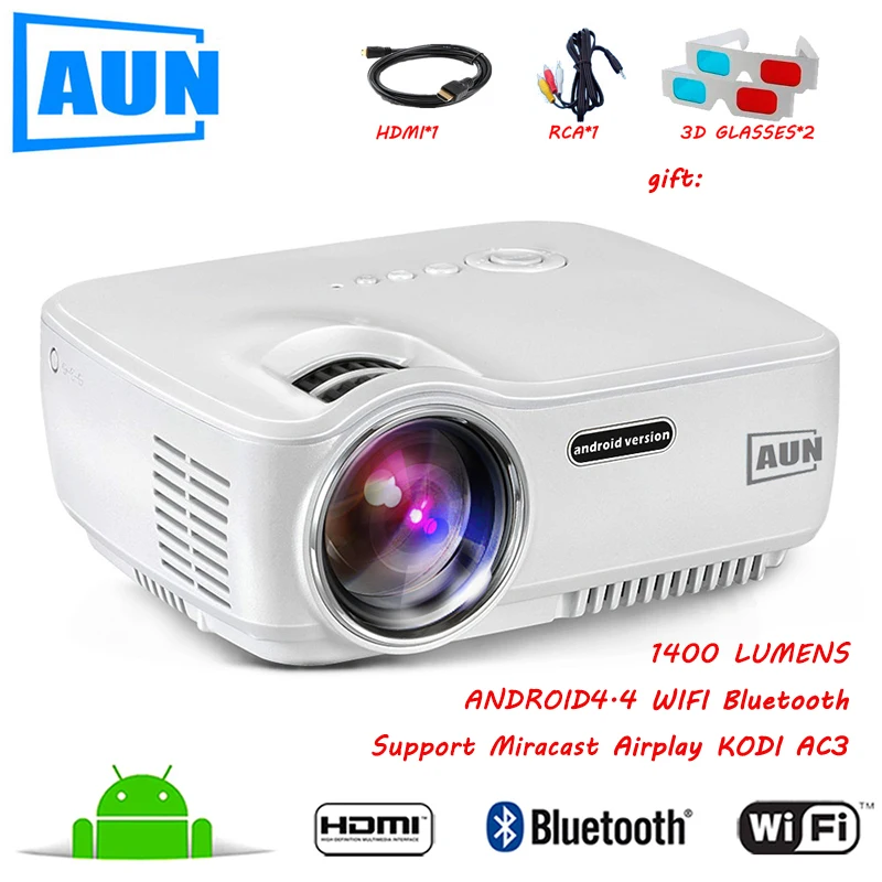 

AUN Projector AM01S 1400 Lumens LED Projector Set in Android 4.4 WIFI Bluetooth Support Miracast Airplay KODI AC3 MINI Beamer