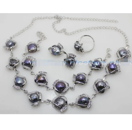 

hot Free shipping Jewelry Set 11mm freshwater black pearl ring earring bracelet necklace fashion hot