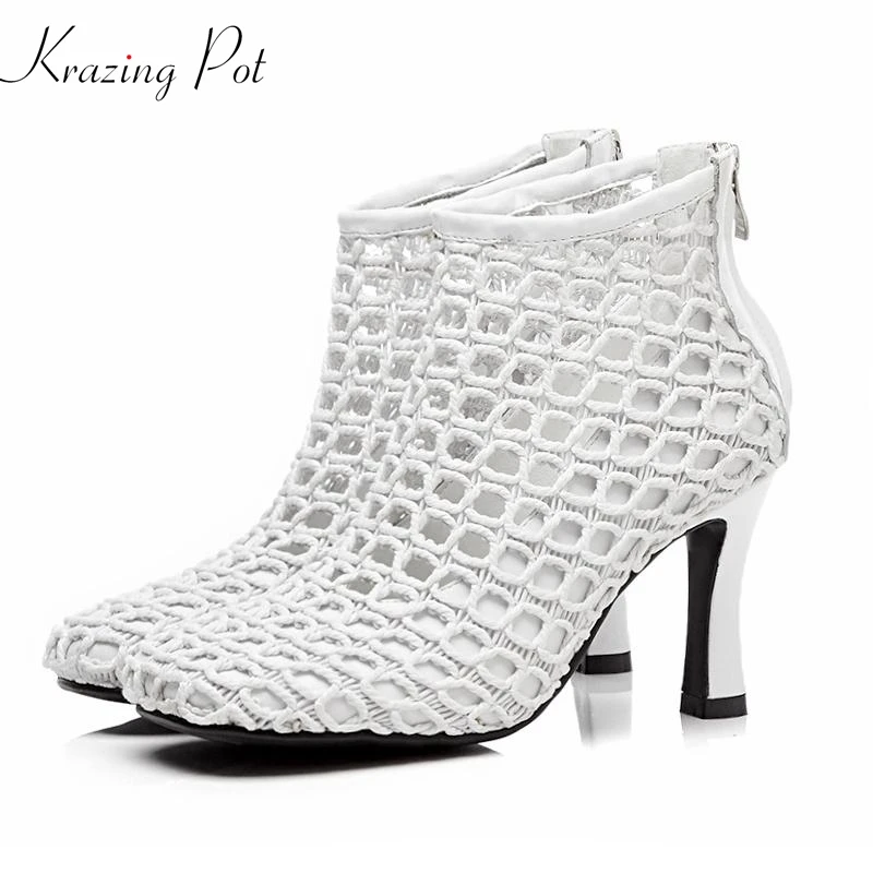 

Krazing Pot cow leather knitting European designer style super high heels square toe zipper model runway show summer boots L70