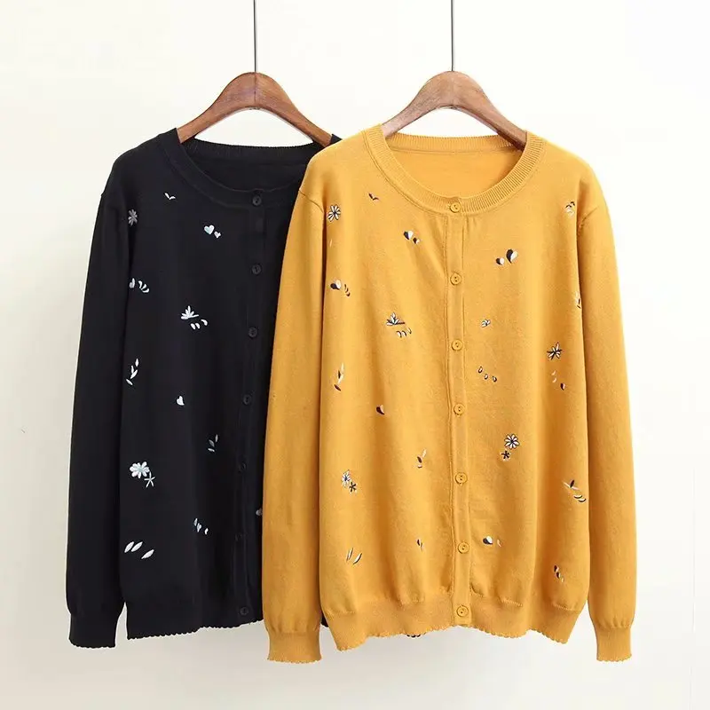 

Plus size dark blue & yellow knitted wool women Cardigan coat 2018 floral Embroidered autumn ladies sweater female knitwear coat