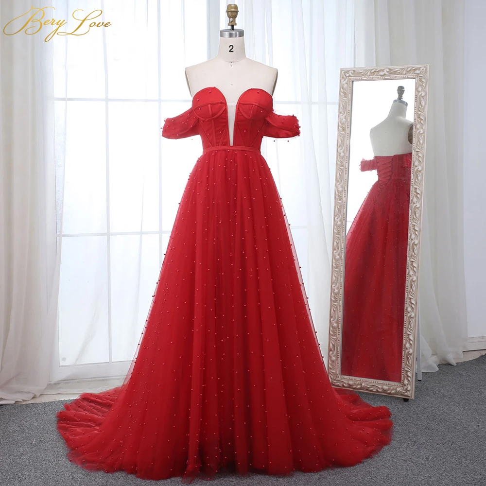 Charming Pearls Red Evening Dresses 2019 Long Off Shoulder Evening Gowns Lace-Up Elegant Formal Evening Dress Cheap Prom Dress