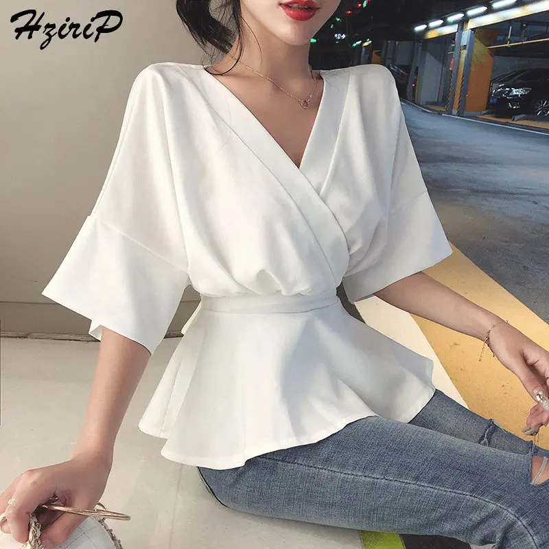 

Hzirip Summer Hong Kong Style Loose Short-Sleeved Solid Female Sweet 2019 Waist-Controlled Chiffon Fresh Vintage Fashion Shirts